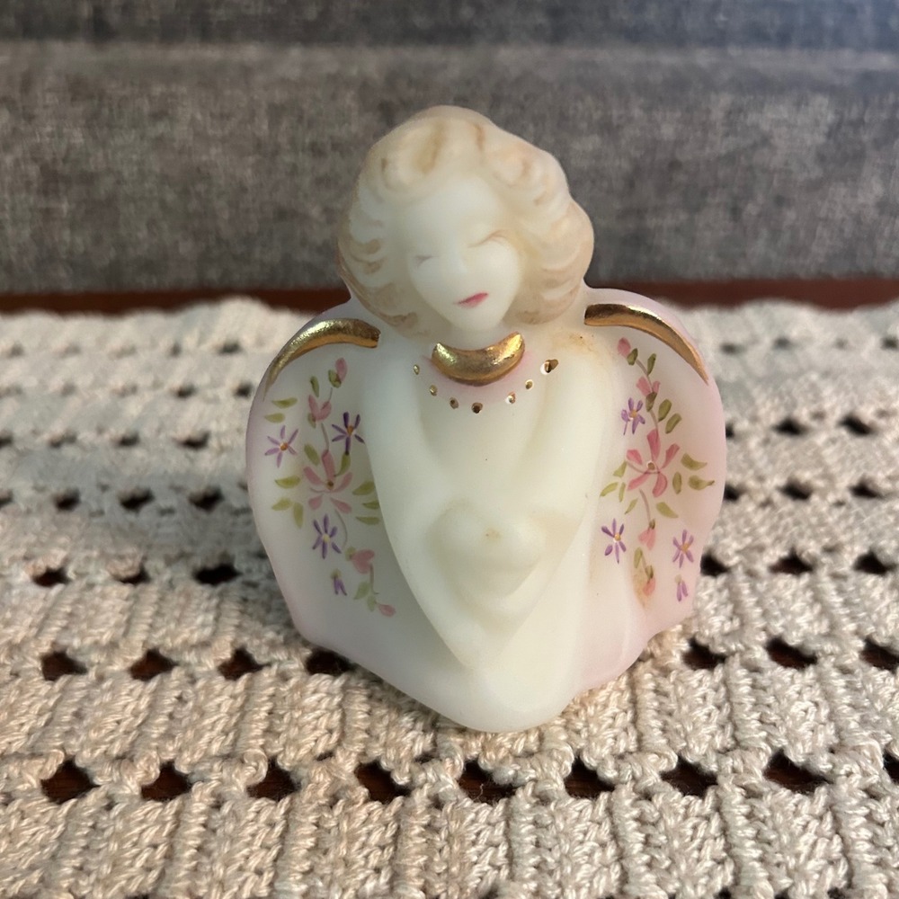 Vtg Fenton Art Glass Guardian Angel Figurine Hand Painted Schueneman Pink White